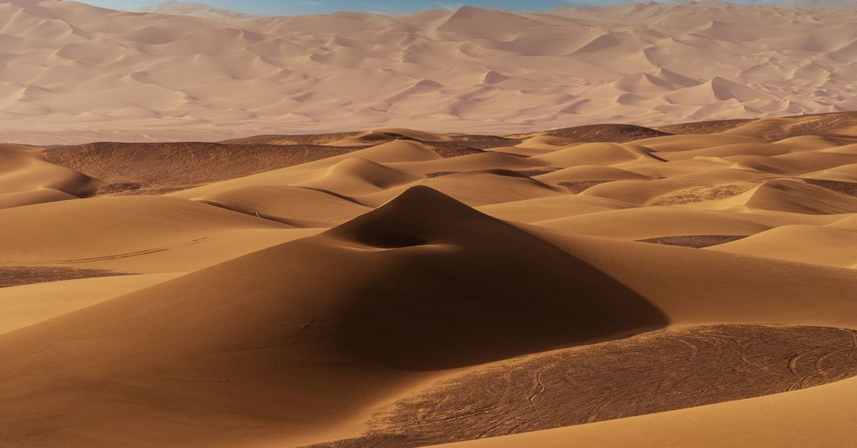 Stunning view of endless sand dunes under a bright blue sky in a pristine desert setting.